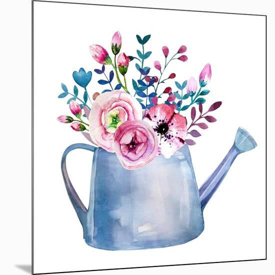 Watercolor Bouquets of Flowers in Pot. Rustic Floral Set in Shabby Chic Style. Country Design.-krisArt-Mounted Art Print