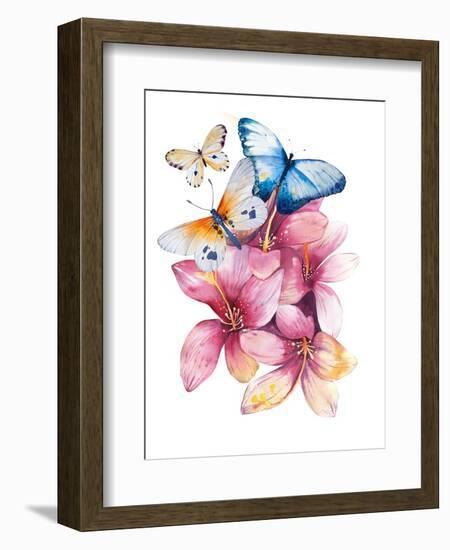 Watercolor Butterflyand Bouquets. Spring Flowers in Pot. Rustic Outdoor Floral Set . Shabby Chic St-krisArt-Framed Art Print