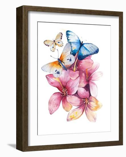 Watercolor Butterflyand Bouquets. Spring Flowers in Pot. Rustic Outdoor Floral Set . Shabby Chic St-krisArt-Framed Art Print