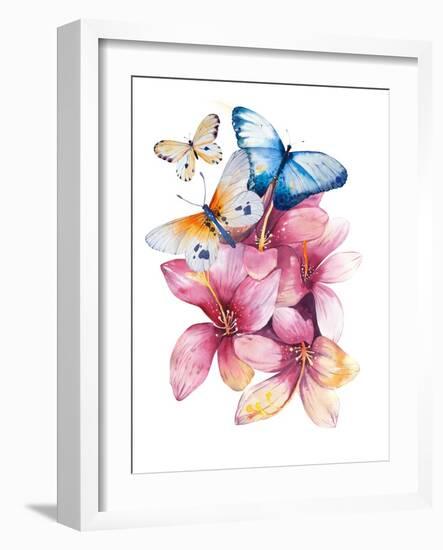 Watercolor Butterflyand Bouquets. Spring Flowers in Pot. Rustic Outdoor Floral Set . Shabby Chic St-krisArt-Framed Art Print