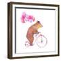 Watercolor Cartoon Bear on Retro Bicycle with Air Balloons. Hand Drawn Fairytale Animal with Hat An-Eisfrei-Framed Art Print