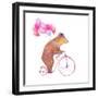 Watercolor Cartoon Bear on Retro Bicycle with Air Balloons. Hand Drawn Fairytale Animal with Hat An-Eisfrei-Framed Art Print