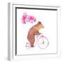 Watercolor Cartoon Bear on Retro Bicycle with Air Balloons. Hand Drawn Fairytale Animal with Hat An-Eisfrei-Framed Art Print