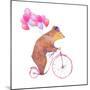 Watercolor Cartoon Bear on Retro Bicycle with Air Balloons. Hand Drawn Fairytale Animal with Hat An-Eisfrei-Mounted Art Print