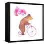 Watercolor Cartoon Bear on Retro Bicycle with Air Balloons. Hand Drawn Fairytale Animal with Hat An-Eisfrei-Framed Stretched Canvas