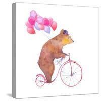 Watercolor Cartoon Bear on Retro Bicycle with Air Balloons. Hand Drawn Fairytale Animal with Hat An-Eisfrei-Stretched Canvas