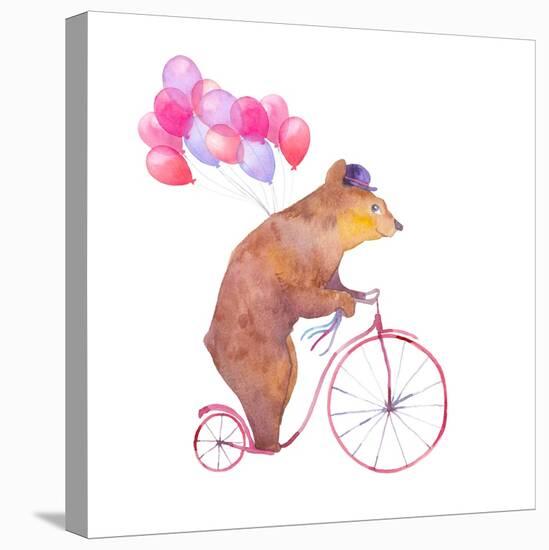 Watercolor Cartoon Bear on Retro Bicycle with Air Balloons. Hand Drawn Fairytale Animal with Hat An-Eisfrei-Stretched Canvas