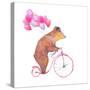 Watercolor Cartoon Bear on Retro Bicycle with Air Balloons. Hand Drawn Fairytale Animal with Hat An-Eisfrei-Stretched Canvas