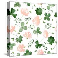 Watercolor Clover and Little Flowers Seamless Vector Pattern.-antalogiya-Stretched Canvas