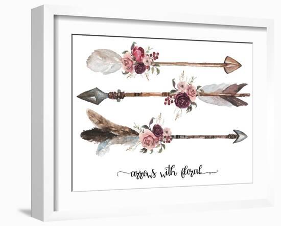 Watercolor Ethnic Boho Set of Arrows, Feathers and Flowers, Native American Tribe Decoration Print-VerisStudio-Framed Art Print