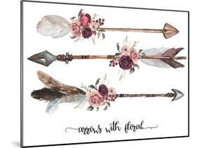 Watercolor Ethnic Boho Set of Arrows, Feathers and Flowers, Native American Tribe Decoration Print-VerisStudio-Mounted Art Print