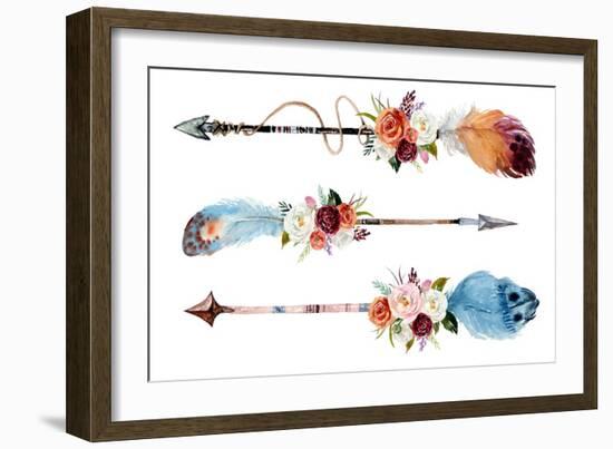 Watercolor Ethnic Boho Set of Arrows, Feathers and Flowers, Native American Tribe Decoration Print-VerisStudio-Framed Art Print