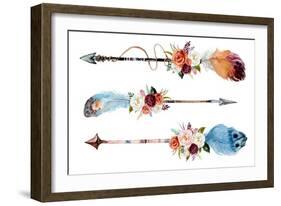 Watercolor Ethnic Boho Set of Arrows, Feathers and Flowers, Native American Tribe Decoration Print-VerisStudio-Framed Art Print