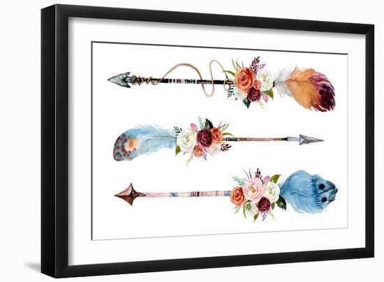 Watercolor Ethnic Boho Set of Arrows, Feathers and Flowers, Native American Tribe Decoration Print-VerisStudio-Framed Art Print