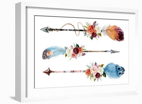 Watercolor Ethnic Boho Set of Arrows, Feathers and Flowers, Native American Tribe Decoration Print-VerisStudio-Framed Art Print