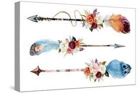 Watercolor Ethnic Boho Set of Arrows, Feathers and Flowers, Native American Tribe Decoration Print-VerisStudio-Stretched Canvas