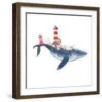 Watercolor Fantasy Blue Sea Whale with Lighthouse-Eisfrei-Framed Art Print