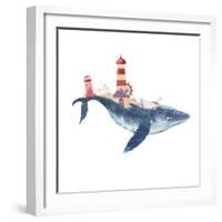 Watercolor Fantasy Blue Sea Whale with Lighthouse-Eisfrei-Framed Art Print