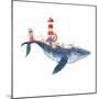 Watercolor Fantasy Blue Sea Whale with Lighthouse-Eisfrei-Mounted Art Print