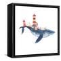 Watercolor Fantasy Blue Sea Whale with Lighthouse-Eisfrei-Framed Stretched Canvas