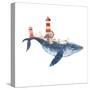 Watercolor Fantasy Blue Sea Whale with Lighthouse-Eisfrei-Stretched Canvas