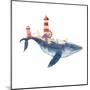 Watercolor Fantasy Blue Sea Whale with Lighthouse-Eisfrei-Mounted Art Print