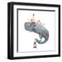 Watercolor Fantasy Blue Sea Whale with Lighthouse-Eisfrei-Framed Art Print
