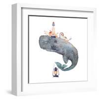 Watercolor Fantasy Blue Sea Whale with Lighthouse-Eisfrei-Framed Art Print