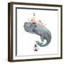 Watercolor Fantasy Blue Sea Whale with Lighthouse-Eisfrei-Framed Art Print