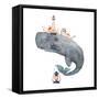 Watercolor Fantasy Blue Sea Whale with Lighthouse-Eisfrei-Framed Stretched Canvas