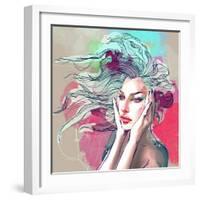 Watercolor Fashion Illustration with a Beautiful Lady with Decorative Hair-A Frants-Framed Art Print
