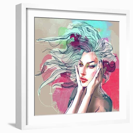 Watercolor Fashion Illustration with a Beautiful Lady with Decorative Hair-A Frants-Framed Art Print