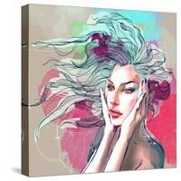 Watercolor Fashion Illustration with a Beautiful Lady with Decorative Hair-A Frants-Stretched Canvas