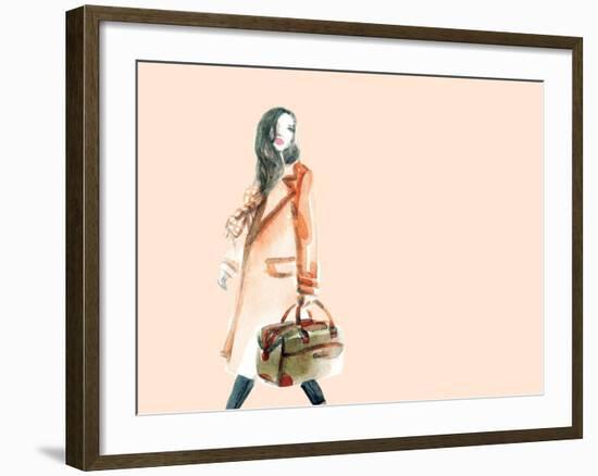 Watercolor Fashion Illustration. Woman Walking with Travel Bag in His Hand-Anna Ismagilova-Framed Art Print