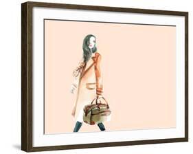 Watercolor Fashion Illustration. Woman Walking with Travel Bag in His Hand-Anna Ismagilova-Framed Art Print
