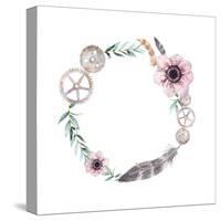 Watercolor Feathers, Gear Wheels, Flowers Wreath. Vintage round Frame with Pastel Anemones, Rusty G-Eisfrei-Stretched Canvas