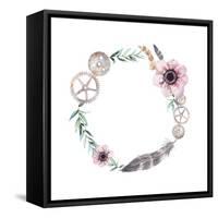 Watercolor Feathers, Gear Wheels, Flowers Wreath. Vintage round Frame with Pastel Anemones, Rusty G-Eisfrei-Framed Stretched Canvas