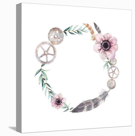 Watercolor Feathers, Gear Wheels, Flowers Wreath. Vintage round Frame with Pastel Anemones, Rusty G-Eisfrei-Stretched Canvas