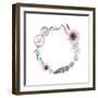 Watercolor Feathers, Gear Wheels, Flowers Wreath. Vintage round Frame with Pastel Anemones, Rusty G-Eisfrei-Framed Art Print