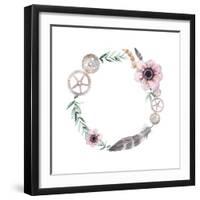 Watercolor Feathers, Gear Wheels, Flowers Wreath. Vintage round Frame with Pastel Anemones, Rusty G-Eisfrei-Framed Art Print