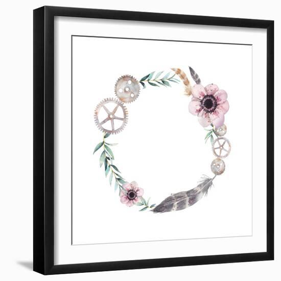 Watercolor Feathers, Gear Wheels, Flowers Wreath. Vintage round Frame with Pastel Anemones, Rusty G-Eisfrei-Framed Art Print