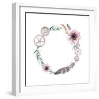 Watercolor Feathers, Gear Wheels, Flowers Wreath. Vintage round Frame with Pastel Anemones, Rusty G-Eisfrei-Framed Art Print