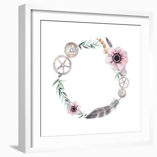 Watercolor Feathers, Gear Wheels, Flowers Wreath. Vintage round Frame with Pastel Anemones, Rusty G-Eisfrei-Framed Art Print