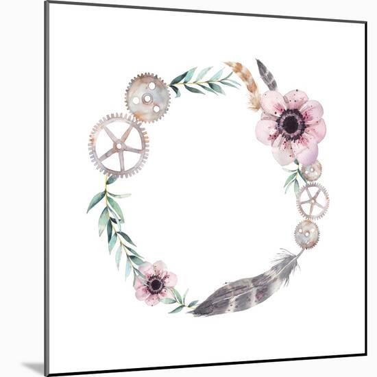 Watercolor Feathers, Gear Wheels, Flowers Wreath. Vintage round Frame with Pastel Anemones, Rusty G-Eisfrei-Mounted Art Print