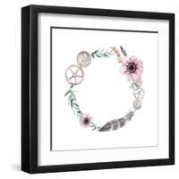 Watercolor Feathers, Gear Wheels, Flowers Wreath. Vintage round Frame with Pastel Anemones, Rusty G-Eisfrei-Framed Art Print