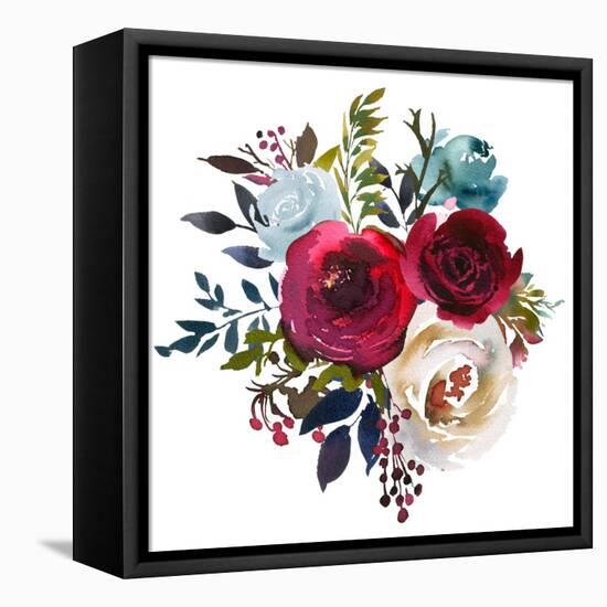 Watercolor Floral Bouquet Burgundy Bordo Red Navy Blue Roses Peonies Leaves Isolated on White Backg-null-Framed Stretched Canvas