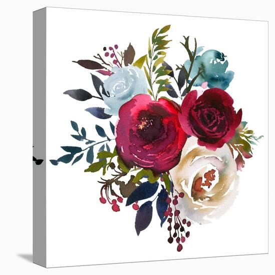 Watercolor Floral Bouquet Burgundy Bordo Red Navy Blue Roses Peonies Leaves Isolated on White Backg-null-Stretched Canvas