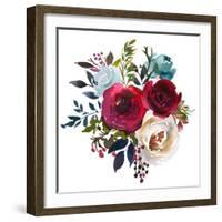 Watercolor Floral Bouquet Burgundy Bordo Red Navy Blue Roses Peonies Leaves Isolated on White Backg-null-Framed Art Print