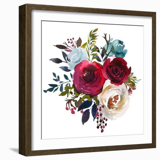 Watercolor Floral Bouquet Burgundy Bordo Red Navy Blue Roses Peonies Leaves Isolated on White Backg-null-Framed Art Print