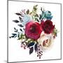 Watercolor Floral Bouquet Burgundy Bordo Red Navy Blue Roses Peonies Leaves Isolated on White Backg-null-Mounted Art Print